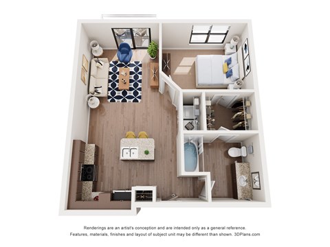 A 3D floor plan of a small apartment with a kitchen, living room, and bathroom.